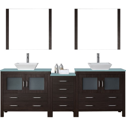 Dior 90" Double Bathroom Vanity in Espresso with Aqua Tempered Glass Top and Square Sink with Polished Chrome Faucet and Mirrors
