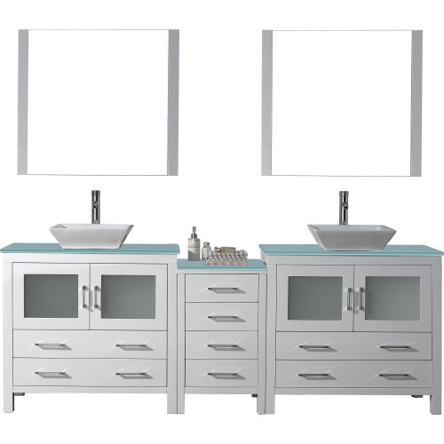 Dior 90" Double Bathroom Vanity in White with Aqua Tempered Glass Top and Square Sink with Polished Chrome Faucet and Mirrors