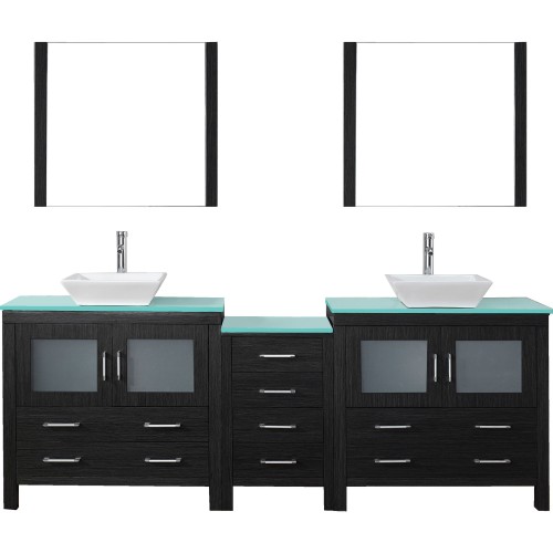 Dior 90" Double Bathroom Vanity in Zebra Grey with Aqua Tempered Glass Top and Square Sink with Polished Chrome Faucet and Mirro