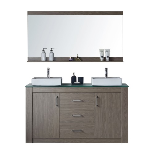 Tavian 60" Double Bathroom Vanity in Grey Oak with Aqua Tempered Glass Top and Square Sink with Polished Chrome Faucet and Mirro