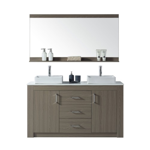 Tavian 60" Double Bathroom Vanity in Grey Oak with White Engineered Stone Top and Square Sink with Polished Chrome Faucet and Mi