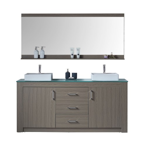 Tavian 72" Double Bathroom Vanity in Grey Oak with Aqua Tempered Glass Top and Square Sink with Polished Chrome Faucet and Mirro