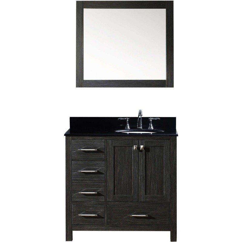 Caroline Premium 36" Single Bathroom Vanity in Zebra Grey with Black Galaxy Granite Top and Round Sink with Mirror