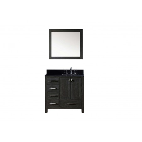 Caroline Premium 36" Single Bathroom Vanity in Zebra Grey with Black Galaxy Granite Top and Square Sink with Mirror