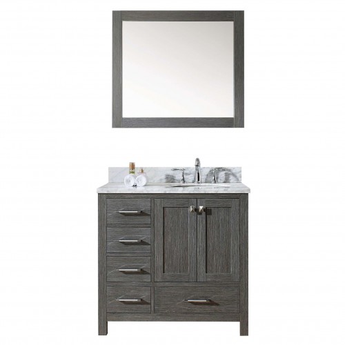Caroline Premium 36" Single Bathroom Vanity in Zebra Grey with Marble Top and Round Sink with Mirror