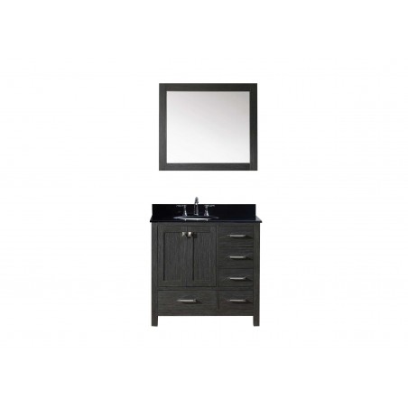 Caroline Premium 36" Single Bathroom Vanity in Zebra Grey with Black Galaxy Granite Top and Round Sink with Mirror