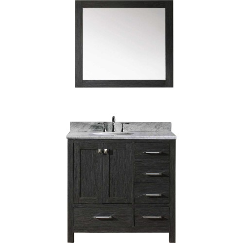 Caroline Premium 36" Single Bathroom Vanity in Zebra Grey with Marble Top and Round Sink with Mirror