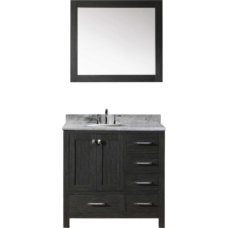 Caroline Premium 36" Single Bathroom Vanity in Zebra Grey with Marble Top and Round Sink with Mirror