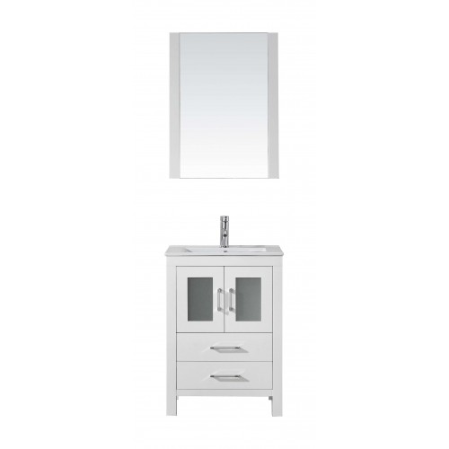 Dior 24" Single Bathroom Vanity in White with Slim White Ceramic Top and Square Sink with Brushed Nickel Faucet and Mirror