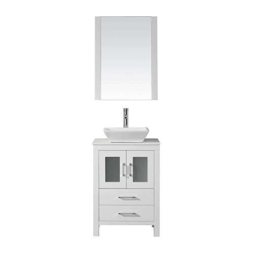 Dior 24" Single Bathroom Vanity in White with White Engineered Stone Top and Square Sink with Brushed Nickel Faucet and Mirror