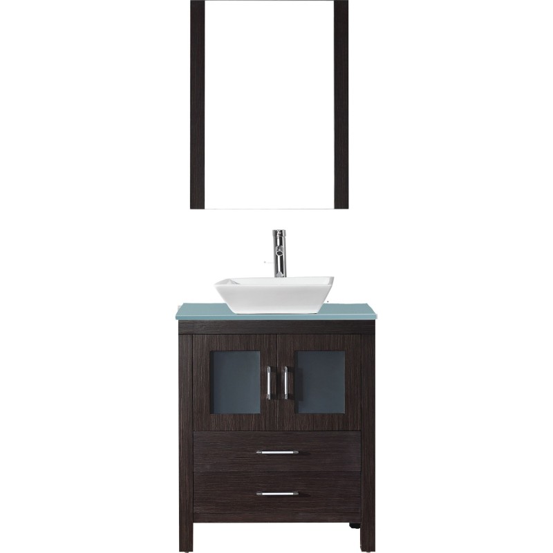 Dior 28" Single Bathroom Vanity in Espresso with Aqua Tempered Glass Top and Square Sink with Polished Chrome Faucet and Mirror