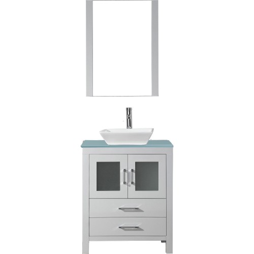 Dior 28" Single Bathroom Vanity in White with Aqua Tempered Glass Top and Square Sink with Polished Chrome Faucet and Mirror