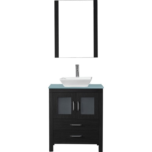 Dior 28" Single Bathroom Vanity in Zebra Grey with Aqua Tempered Glass Top and Square Sink with Polished Chrome Faucet and Mirro