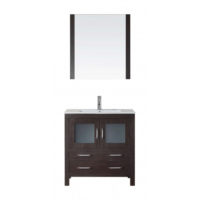 Dior 32" Single Bathroom Vanity in Espresso with Slim White Ceramic Top and Square Sink with Brushed Nickel Faucet and Mirror
