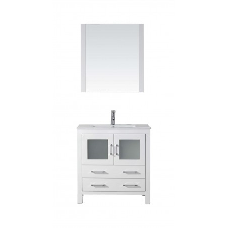 Dior 32" Single Bathroom Vanity in White with Slim White Ceramic Top and Square Sink with Brushed Nickel Faucet and Mirror