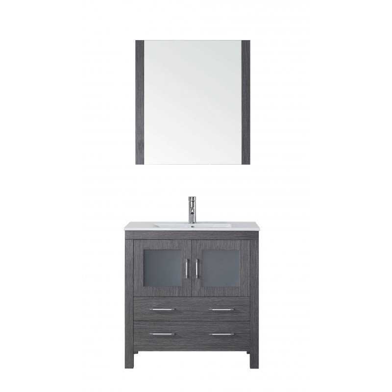 Dior 32" Single Bathroom Vanity in Zebra Grey with Slim White Ceramic Top and Square Sink with Brushed Nickel Faucet and Mirror