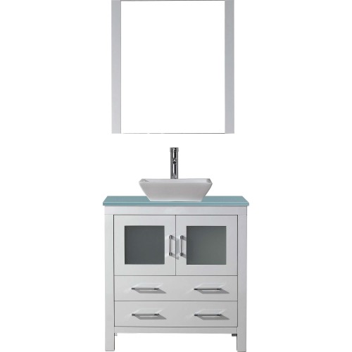 Dior 32" Single Bathroom Vanity in White with Aqua Tempered Glass Top and Square Sink with Polished Chrome Faucet and Mirror