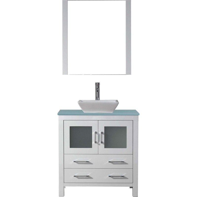 Dior 32" Single Bathroom Vanity in White with Aqua Tempered Glass Top and Square Sink with Polished Chrome Faucet and Mirror