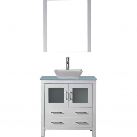 Dior 32" Single Bathroom Vanity in White with Aqua Tempered Glass Top and Square Sink with Polished Chrome Faucet and Mirror