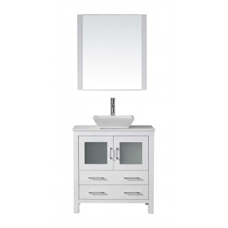 Dior 32" Single Bathroom Vanity in White with White Engineered Stone Top and Square Sink with Brushed Nickel Faucet and Mirror