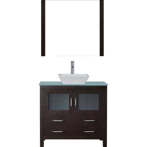 Dior 36" Single Bathroom Vanity in Espresso with Aqua Tempered Glass Top and Square Sink with Polished Chrome Faucet and Mirror