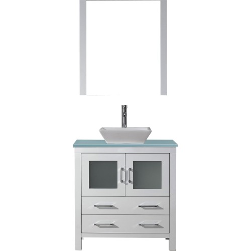 Dior 36" Single Bathroom Vanity in White with Aqua Tempered Glass Top and Square Sink with Polished Chrome Faucet and Mirror