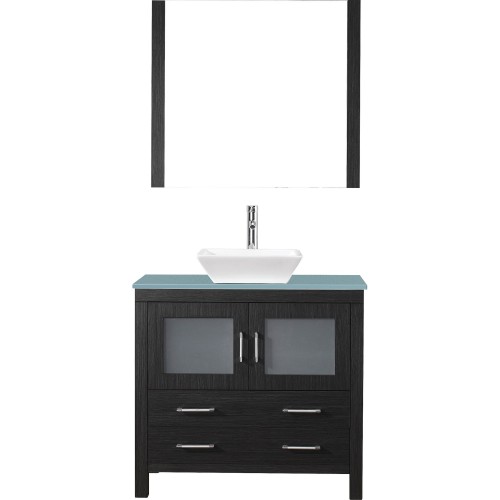 Dior 36" Single Bathroom Vanity in Zebra Grey with Aqua Tempered Glass Top and Square Sink with Polished Chrome Faucet and Mirro
