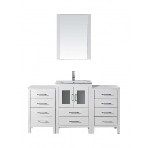 Dior 60" Single Bathroom Vanity in White with Slim White Ceramic Top and Square Sink with Brushed Nickel Faucet and Mirror
