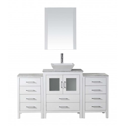 Dior 60" Single Bathroom Vanity in White with Marble Top and Square Sink with Brushed Nickel Faucet and Mirror