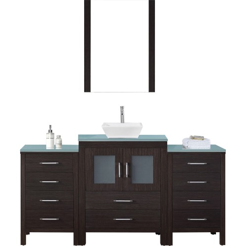 Dior 64" Single Bathroom Vanity in Espresso with Aqua Tempered Glass Top and Square Sink with Polished Chrome Faucet and Mirror