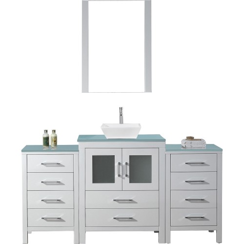 Dior 64" Single Bathroom Vanity in White with Aqua Tempered Glass Top and Square Sink with Polished Chrome Faucet and Mirror