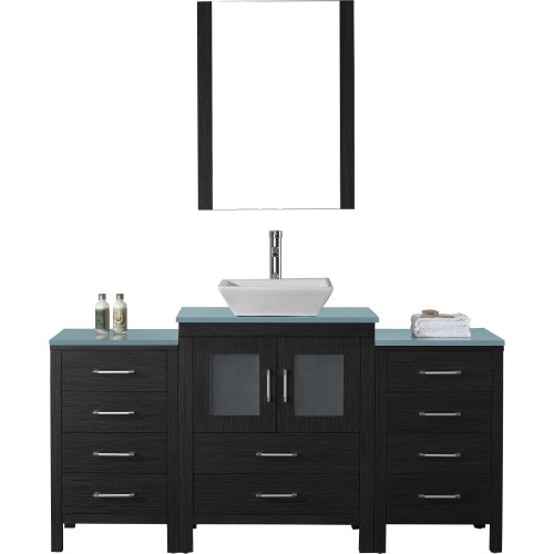 Dior 64" Single Bathroom Vanity in Zebra Grey with Aqua Tempered Glass Top and Square Sink with Polished Chrome Faucet and Mirro