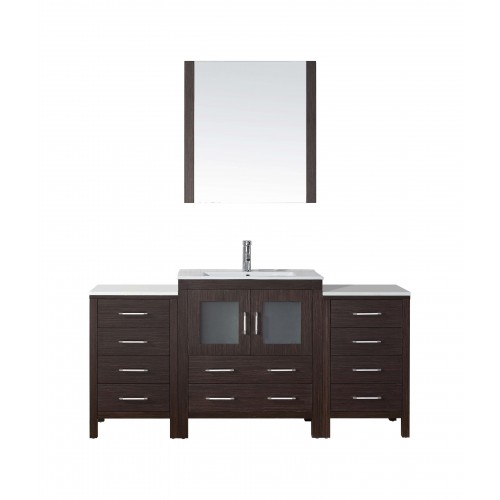 Dior 66" Single Bathroom Vanity in Espresso with Slim White Ceramic Top and Square Sink with Brushed Nickel Faucet and Mirror