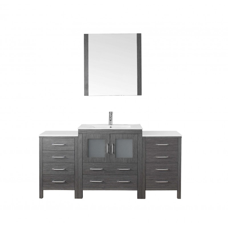 Dior 66" Single Bathroom Vanity in Zebra Grey with Slim White Ceramic Top and Square Sink with Brushed Nickel Faucet and Mirror