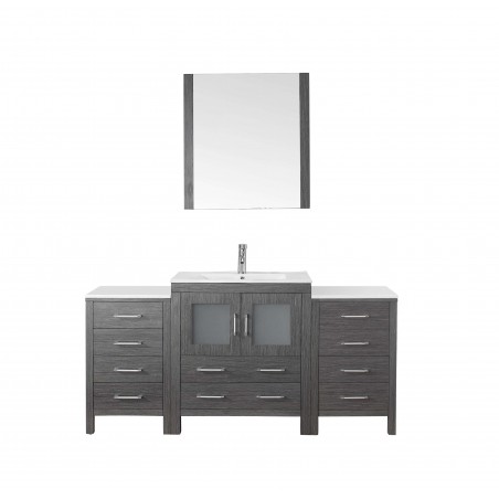 Dior 66" Single Bathroom Vanity in Zebra Grey with Slim White Ceramic Top and Square Sink with Brushed Nickel Faucet and Mirror