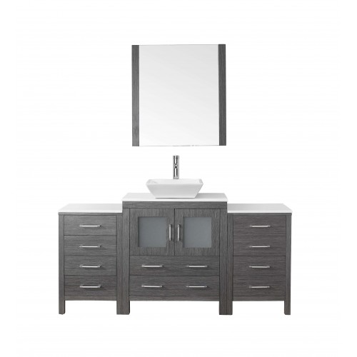 Dior 66" Single Bathroom Vanity in Zebra Grey with White Engineered Stone Top and Square Sink with Brushed Nickel Faucet and Mir