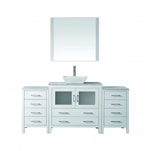 Dior 66" Single Bathroom Vanity in White with Marble Top and Square Sink with Brushed Nickel Faucet and Mirror