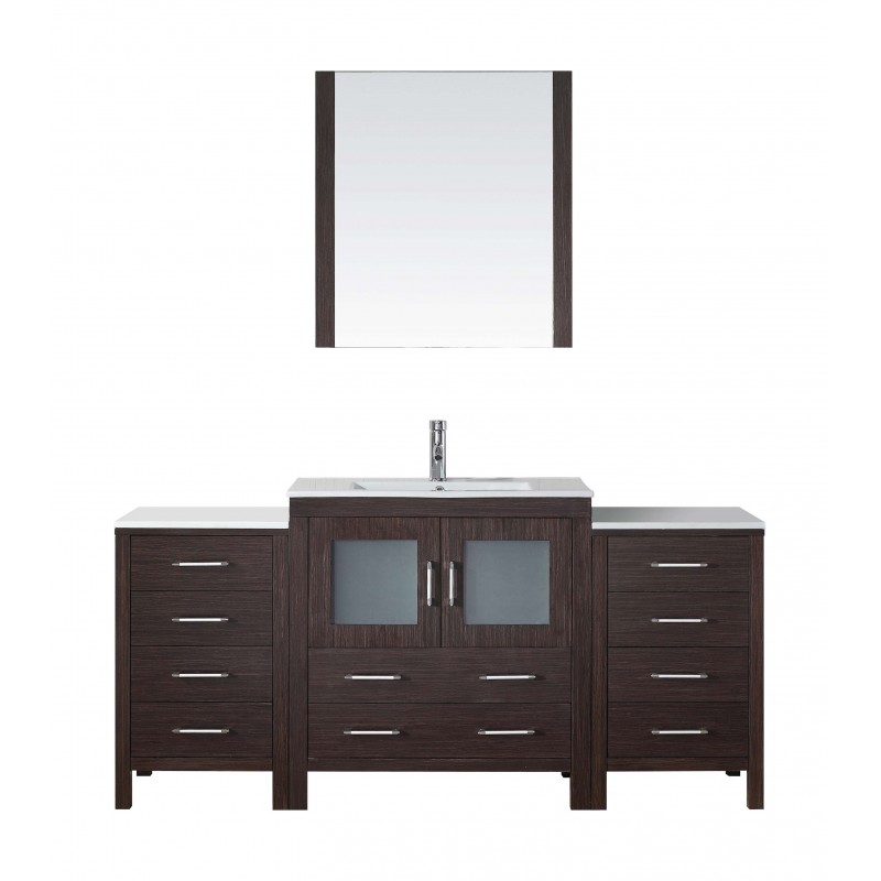 Dior 68" Single Bathroom Vanity in Espresso with Slim White Ceramic Top and Square Sink with Brushed Nickel Faucet and Mirror