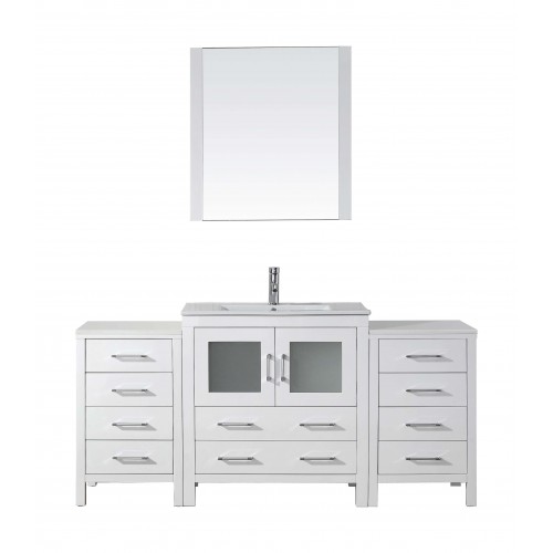 Dior 68" Single Bathroom Vanity in White with Slim White Ceramic Top and Square Sink with Brushed Nickel Faucet and Mirror
