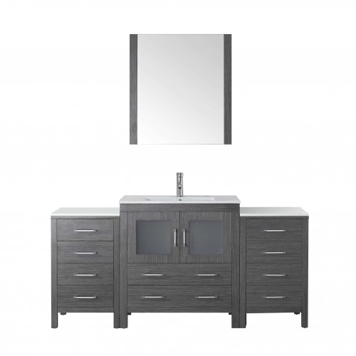 Dior 68" Single Bathroom Vanity in Zebra Grey with Slim White Ceramic Top and Square Sink with Brushed Nickel Faucet and Mirror
