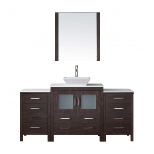 Dior 68" Single Bathroom Vanity in Espresso with White Engineered Stone Top and Square Sink with Brushed Nickel Faucet and Mirro