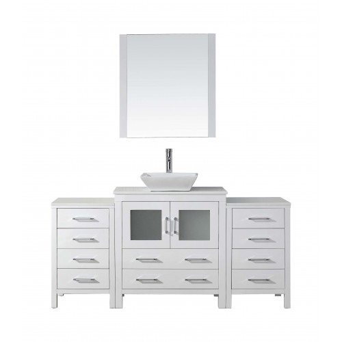 Dior 68" Single Bathroom Vanity in White with White Engineered Stone Top and Square Sink with Brushed Nickel Faucet and Mirror