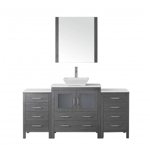 Dior 68" Single Bathroom Vanity in Zebra Grey with White Engineered Stone Top and Square Sink with Brushed Nickel Faucet and Mir