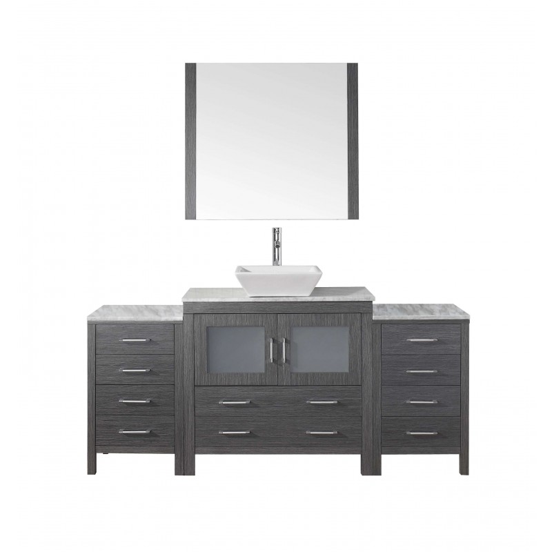 Dior 68" Single Bathroom Vanity in Zebra Grey with Marble Top and Square Sink with Brushed Nickel Faucet and Mirror