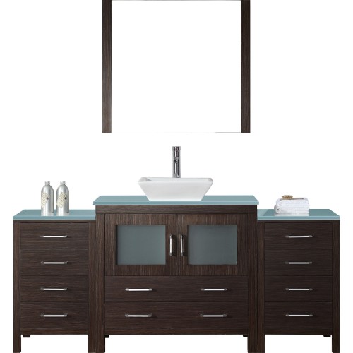 Dior 72" Single Bathroom Vanity in Espresso with Aqua Tempered Glass Top and Square Sink with Polished Chrome Faucet and Mirror