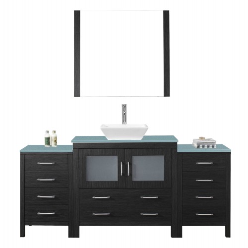 Dior 72" Single Bathroom Vanity in Zebra Grey with Aqua Tempered Glass Top and Square Sink with Polished Chrome Faucet and Mirro
