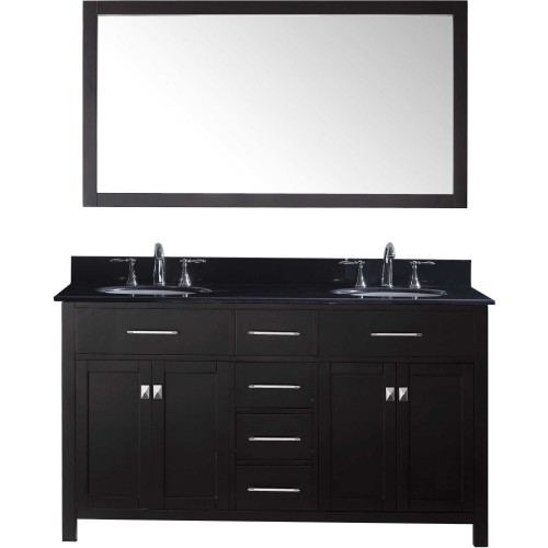 Caroline 60" Double Bathroom Vanity in Espresso with Black Galaxy Granite Top and Round Sink with Mirror