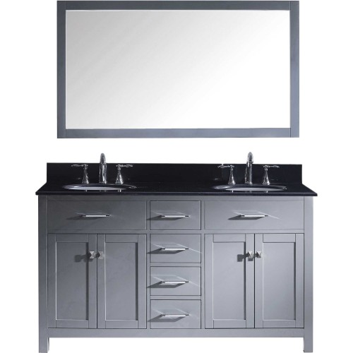 Caroline 60" Double Bathroom Vanity in Grey with Black Galaxy Granite Top and Round Sink with Mirror