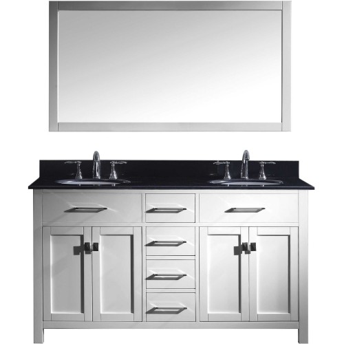 Caroline 60" Double Bathroom Vanity in White with Black Galaxy Granite Top and Round Sink with Mirror