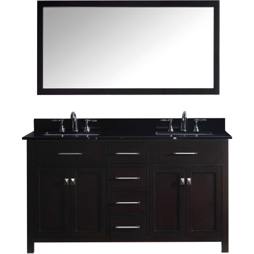 Caroline 60" Double Bathroom Vanity in Espresso with Black Galaxy Granite Top and Square Sink with Mirror